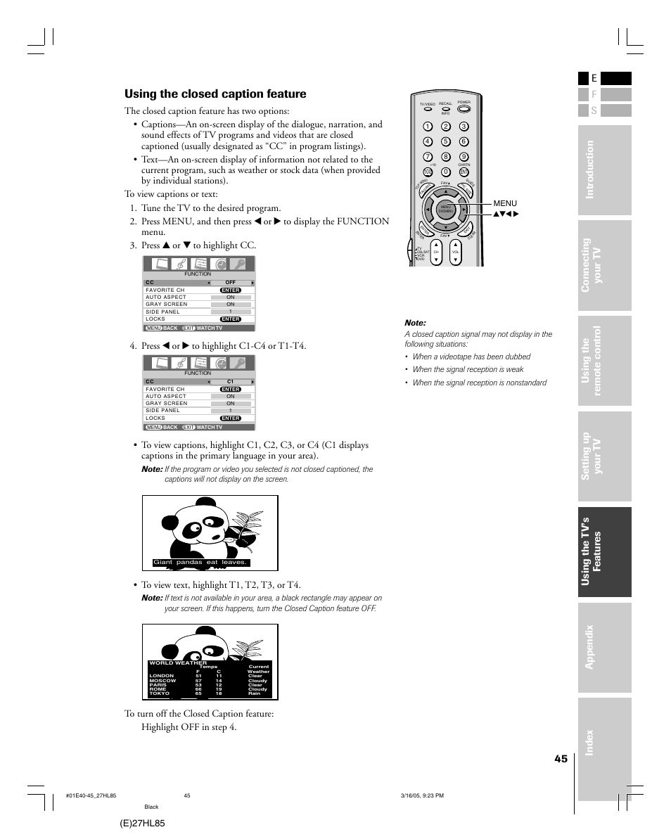 Using the closed caption feature, E)27hl85, Press x or • to highlight c1-c4 or t1-t4 | Mintek 27HL85 User Manual | Page 45 / 56