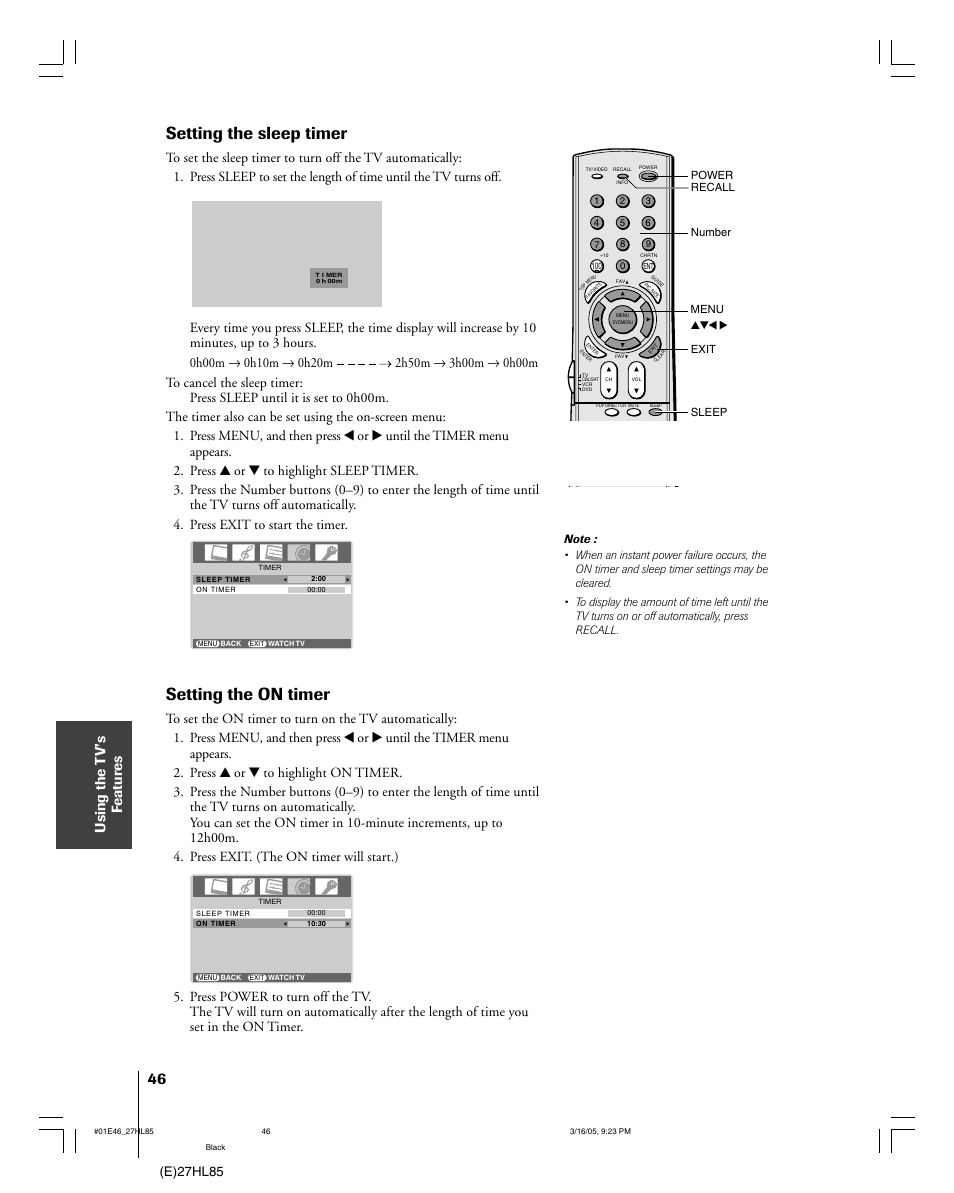 Setting the sleep timer, Setting the on timer, Using the t v’s f eatur es | E)27hl85 | Mintek 27HL85 User Manual | Page 46 / 56