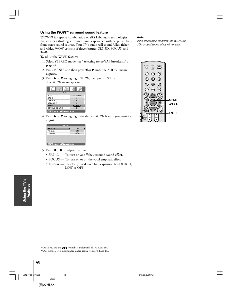 Using the t v’s f eatur es, Using the wow™ surround sound feature, E)27hl85 | Mintek 27HL85 User Manual | Page 48 / 56