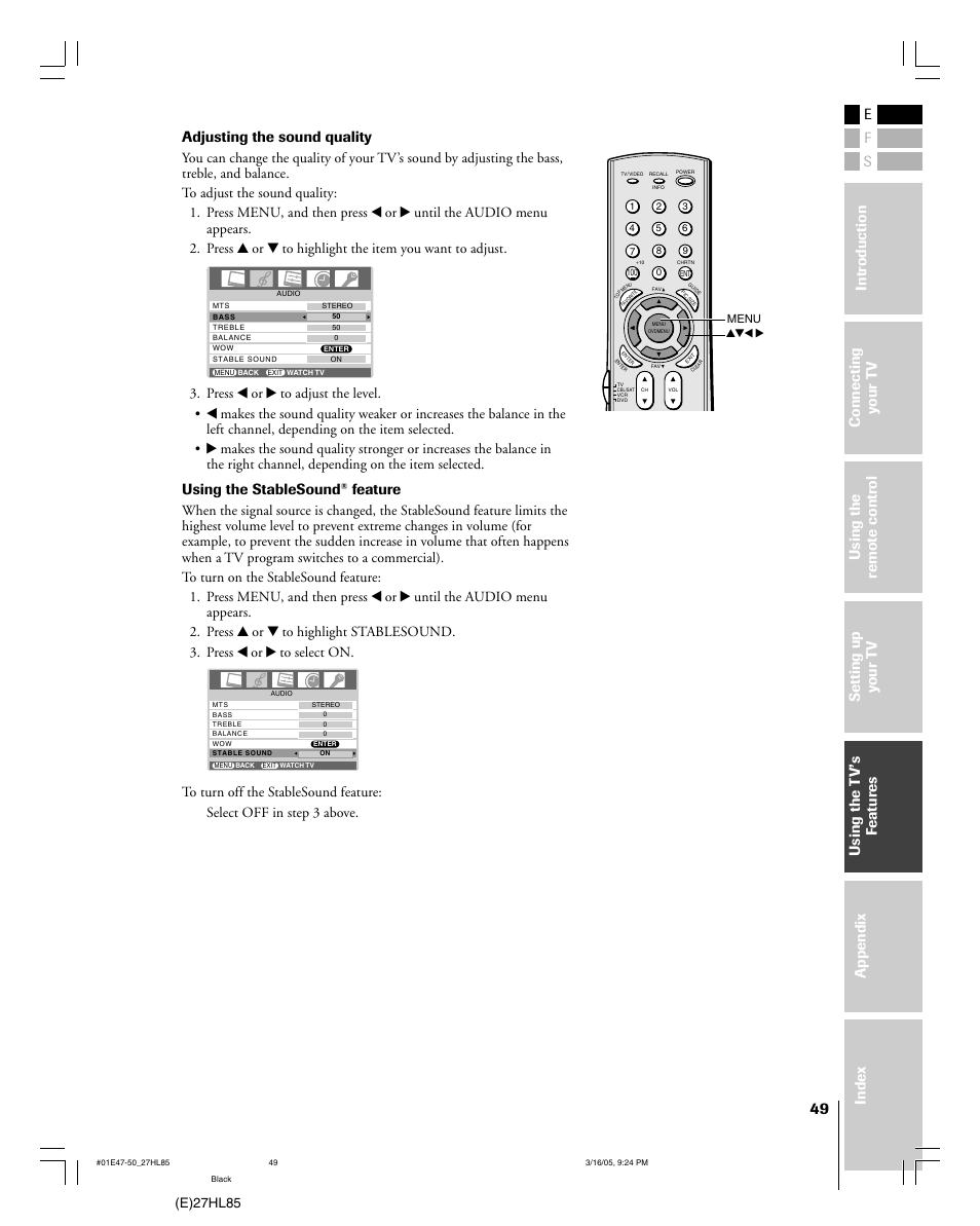 Adjusting the sound quality, Using the stablesound, Feature | E)27hl85 | Mintek 27HL85 User Manual | Page 49 / 56