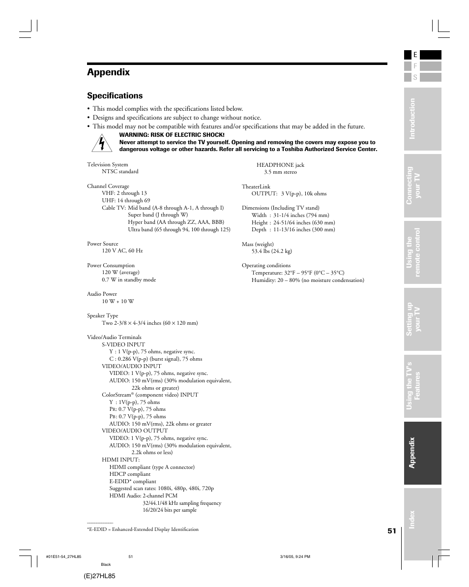 Appendix, Specifications | Mintek 27HL85 User Manual | Page 51 / 56