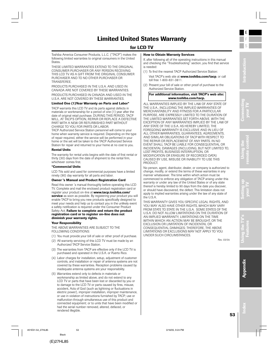 Limited united states warranty | Mintek 27HL85 User Manual | Page 53 / 56