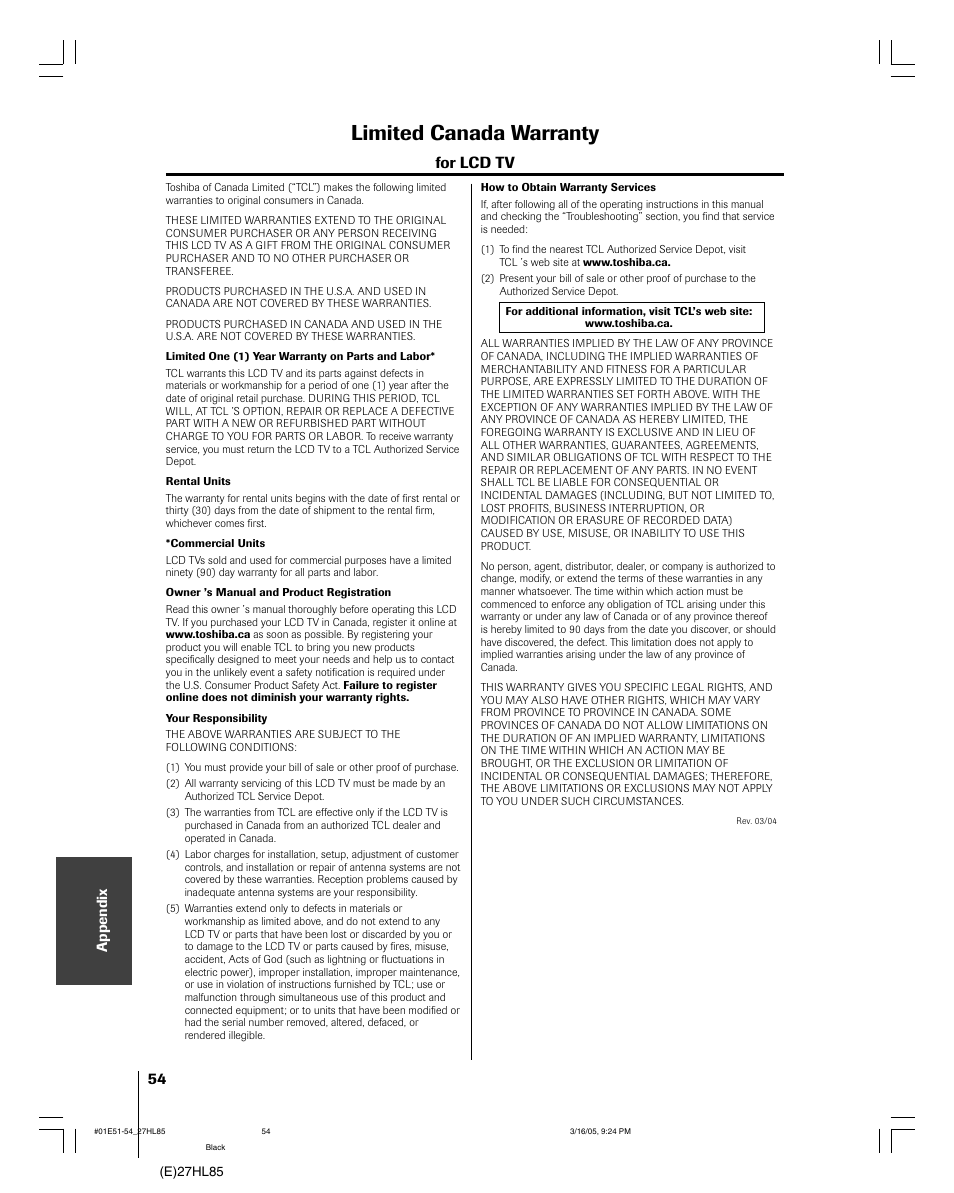 Limited canada warranty, For lcd tv | Mintek 27HL85 User Manual | Page 54 / 56