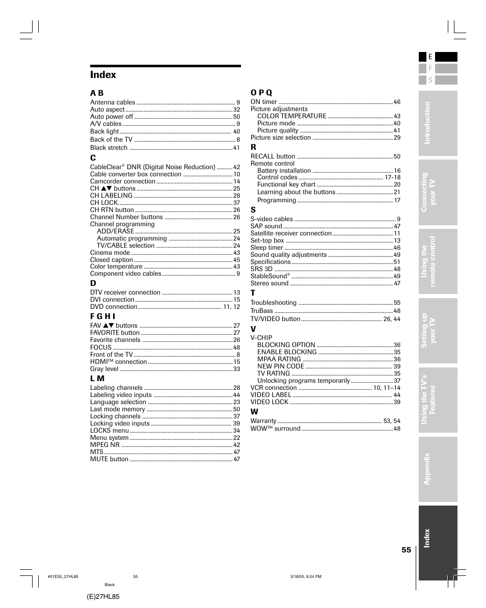 Index | Mintek 27HL85 User Manual | Page 55 / 56