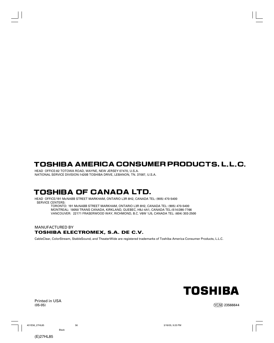 Toshiba electromex, s.a. de c.v | Mintek 27HL85 User Manual | Page 56 / 56