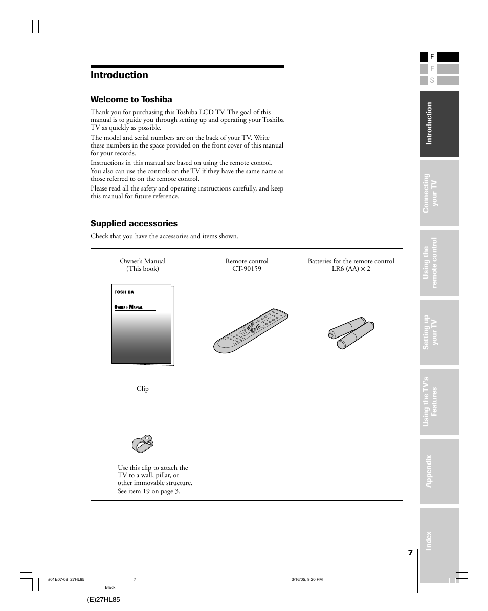 Introduction, Welcome to toshiba, Supplied accessories | Mintek 27HL85 User Manual | Page 7 / 56