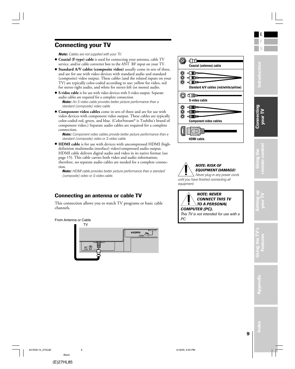 Connecting your tv, Connecting an antenna or cable tv | Mintek 27HL85 User Manual | Page 9 / 56