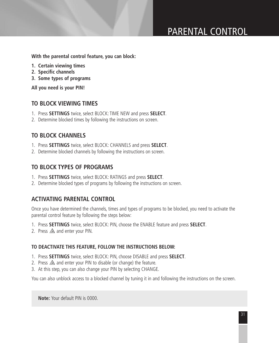 Parental control | Mintek High Definition Personal Video Recorder User Manual | Page 31 / 72
