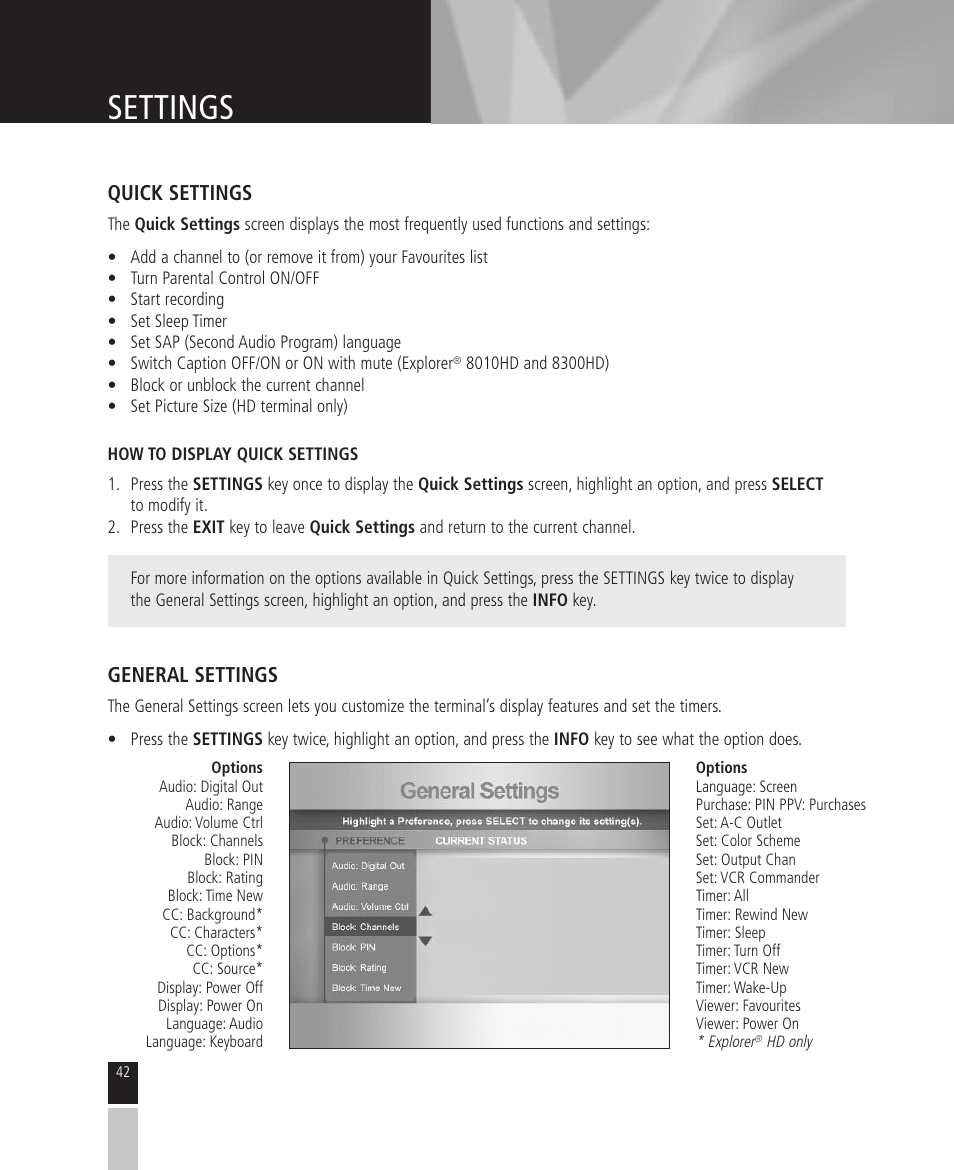 Settings, Quick settings, General settings | Mintek High Definition Personal Video Recorder User Manual | Page 42 / 72