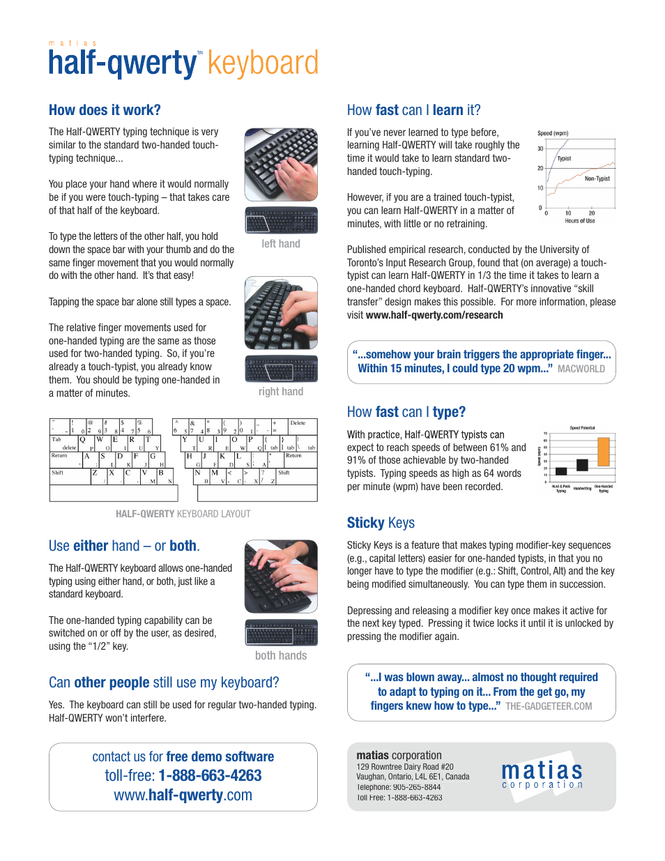 How does it work, Use either hand – or both, Can other people still use my keyboard | How fast can i type, Sticky keys, How fast can i learn it | Matias Half-Qwerty Computer Keyboard User Manual | Page 2 / 2