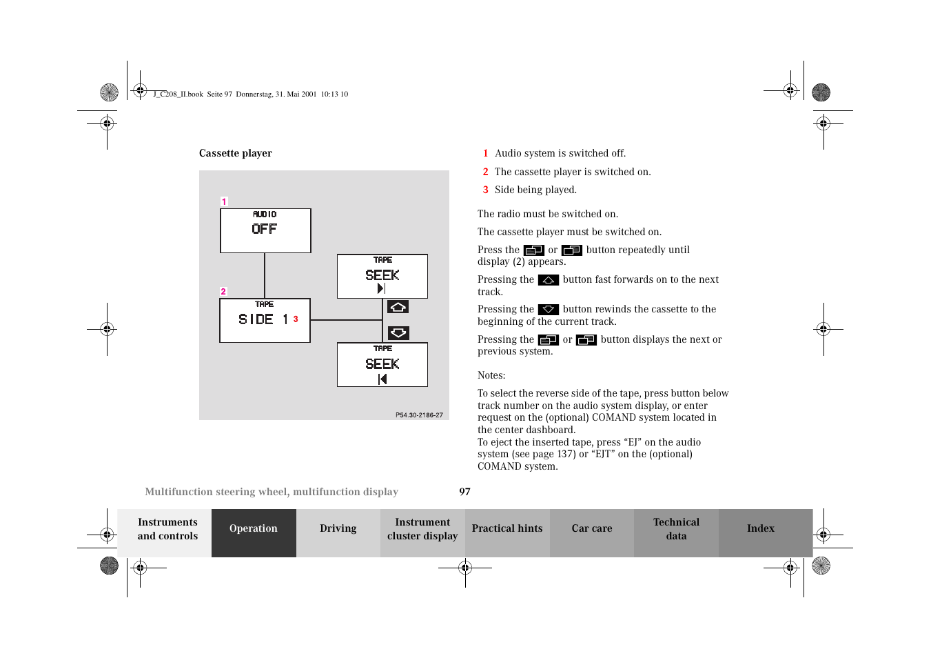 Audio systems:cassette player, Cassette player | Mercedes-Benz 2002 CLK 55 AMG User Manual | Page 100 / 330