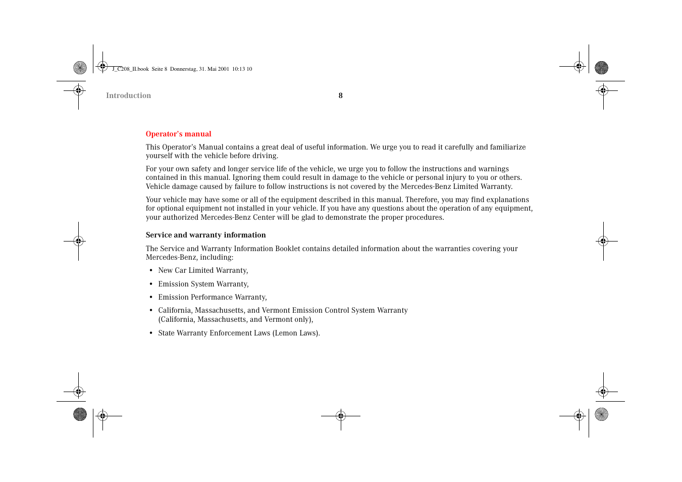 Operator’s manual | Mercedes-Benz 2002 CLK 55 AMG User Manual | Page 11 / 330