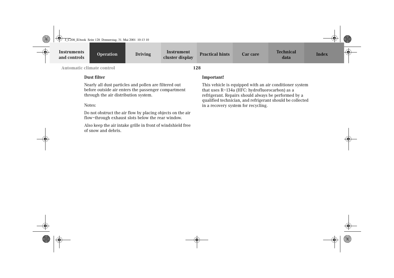 Dust filter | Mercedes-Benz 2002 CLK 55 AMG User Manual | Page 131 / 330