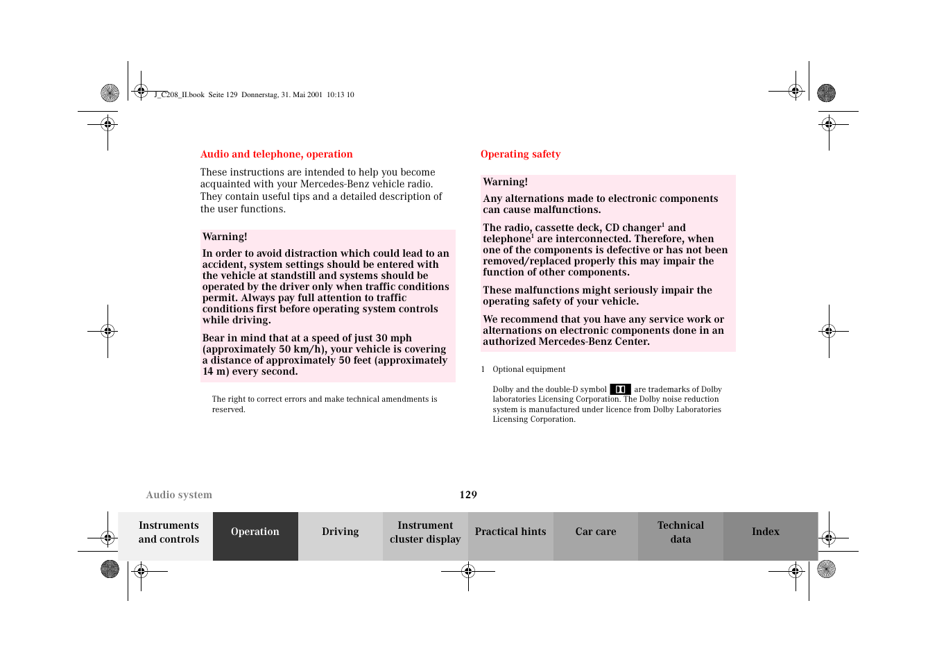 Audio and telephone, operation, Audio system:operating safety, Audio and telephone | Operation | Mercedes-Benz 2002 CLK 55 AMG User Manual | Page 132 / 330