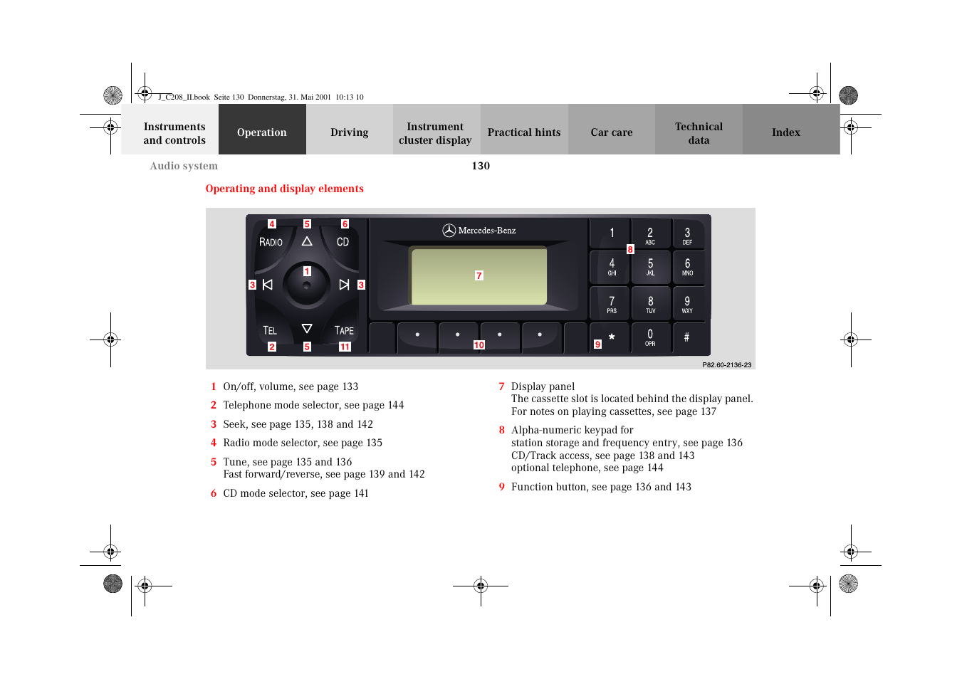 Operating and display elements | Mercedes-Benz 2002 CLK 55 AMG User Manual | Page 133 / 330