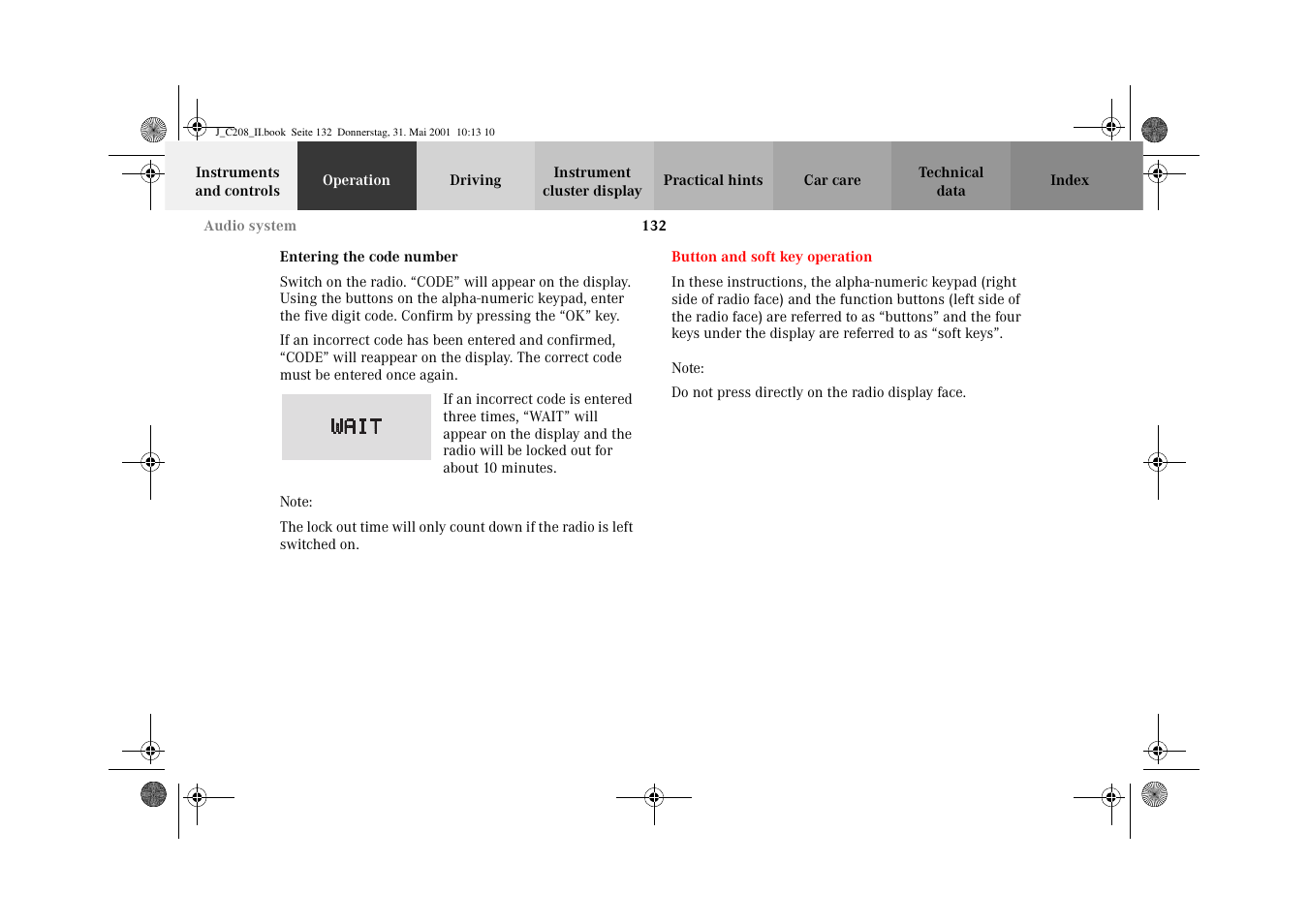 Entering the code number, Button and soft key operation | Mercedes-Benz 2002 CLK 55 AMG User Manual | Page 135 / 330