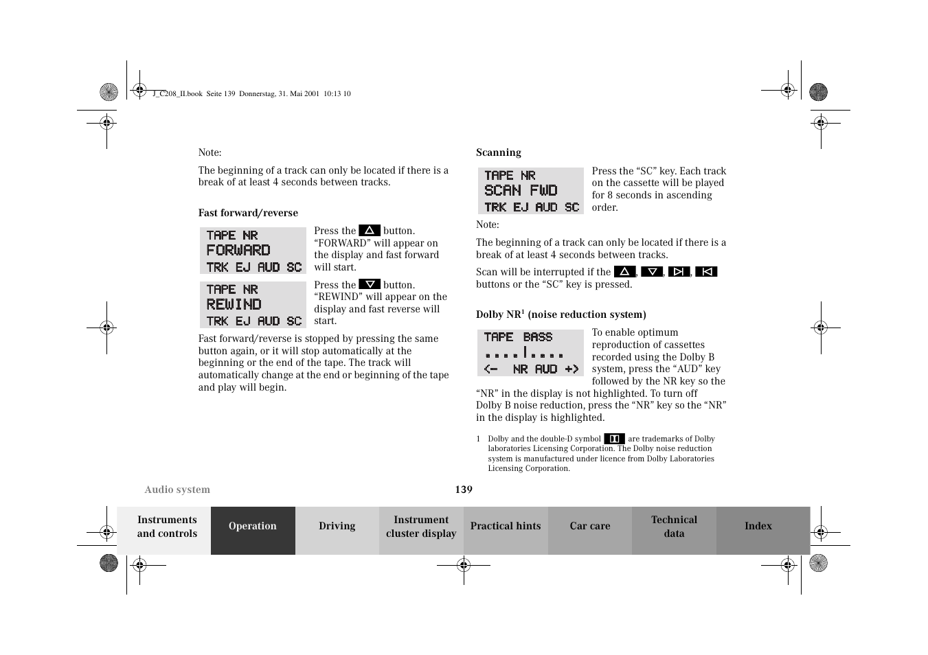 Fast forward/reverse, Scanning, Dolbynr | Mercedes-Benz 2002 CLK 55 AMG User Manual | Page 142 / 330