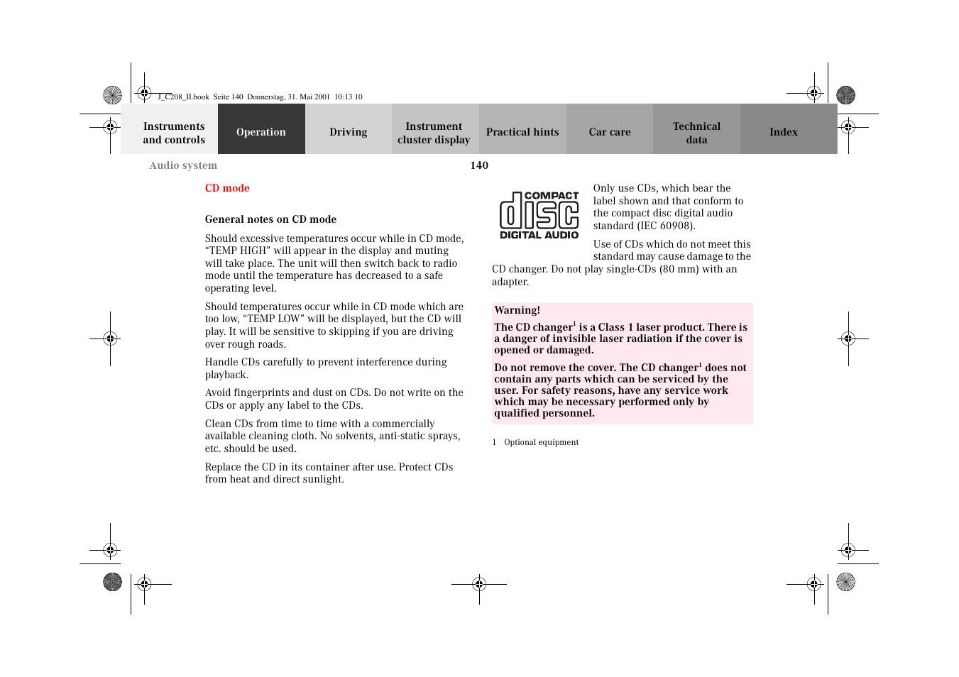 Cd mode, General notes on cd mode | Mercedes-Benz 2002 CLK 55 AMG User Manual | Page 143 / 330