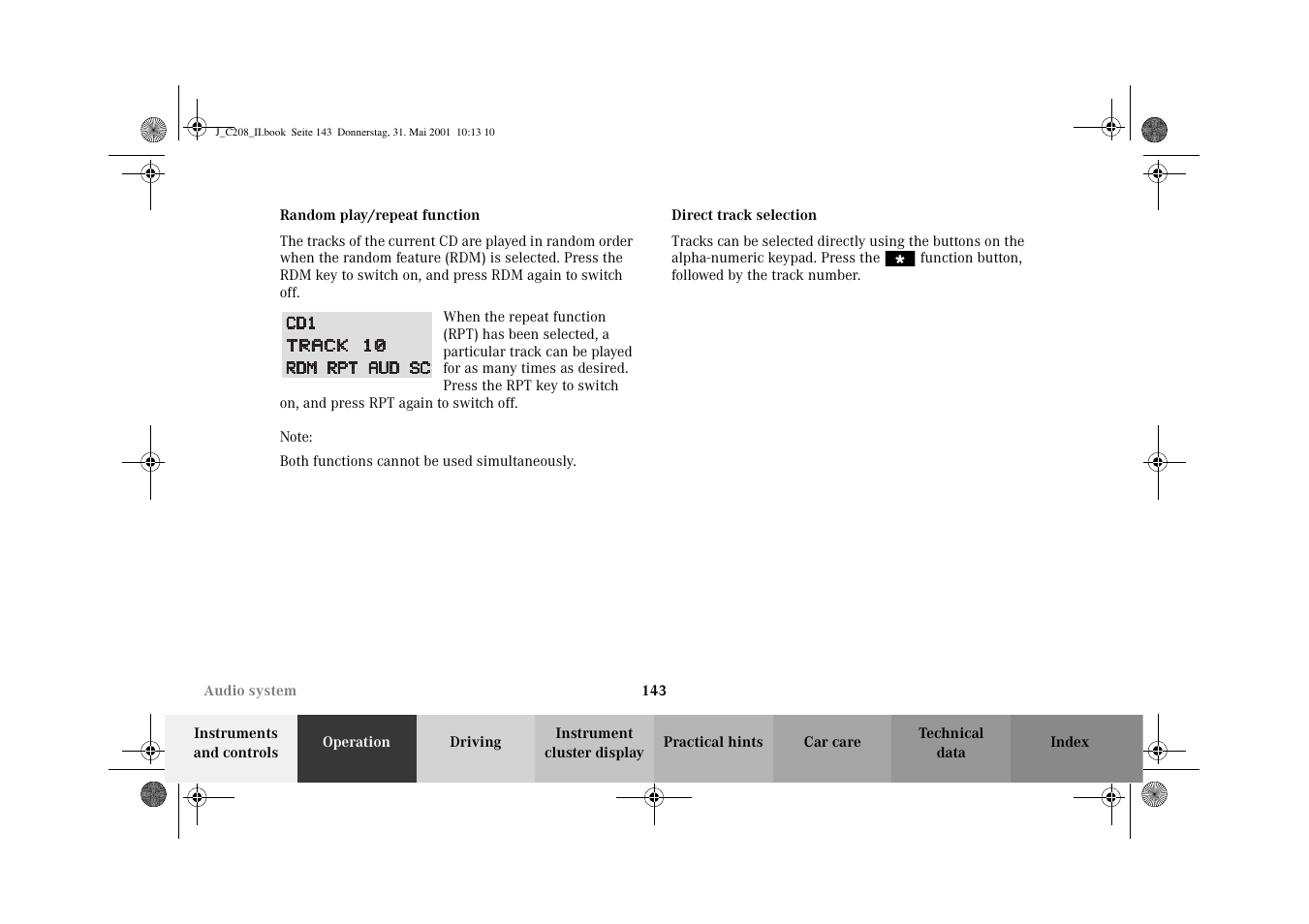 Random play/repeat function, Direct track selection | Mercedes-Benz 2002 CLK 55 AMG User Manual | Page 146 / 330