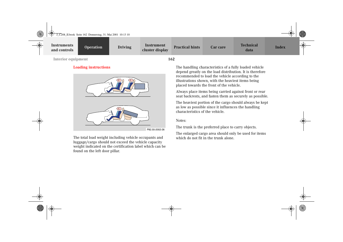 Loading instructions | Mercedes-Benz 2002 CLK 55 AMG User Manual | Page 165 / 330