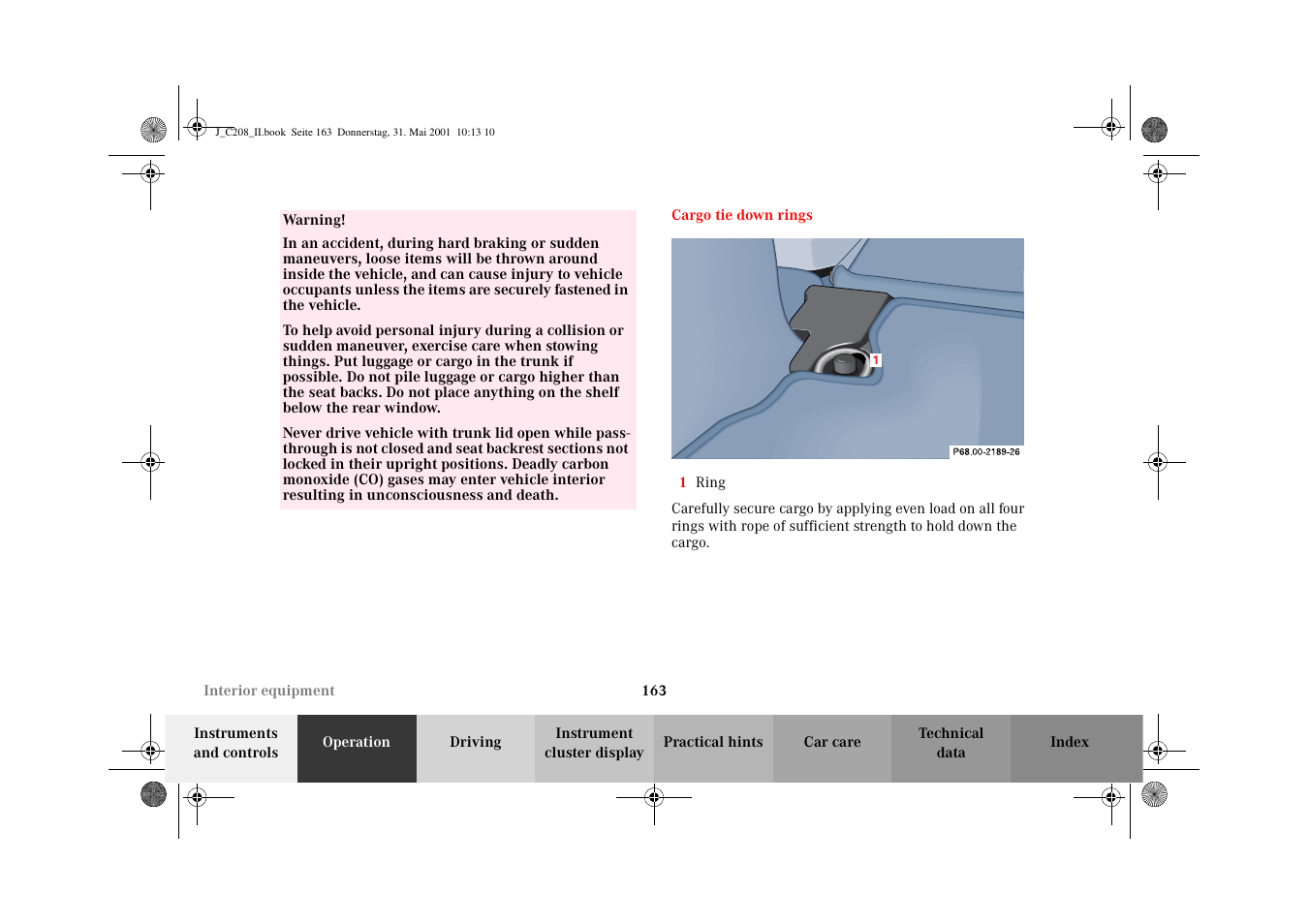 Cargo tie down rings | Mercedes-Benz 2002 CLK 55 AMG User Manual | Page 166 / 330