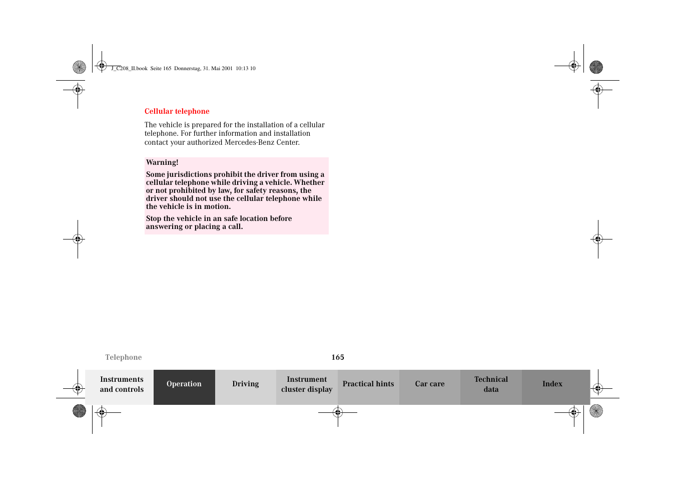 Cellular telephone | Mercedes-Benz 2002 CLK 55 AMG User Manual | Page 168 / 330