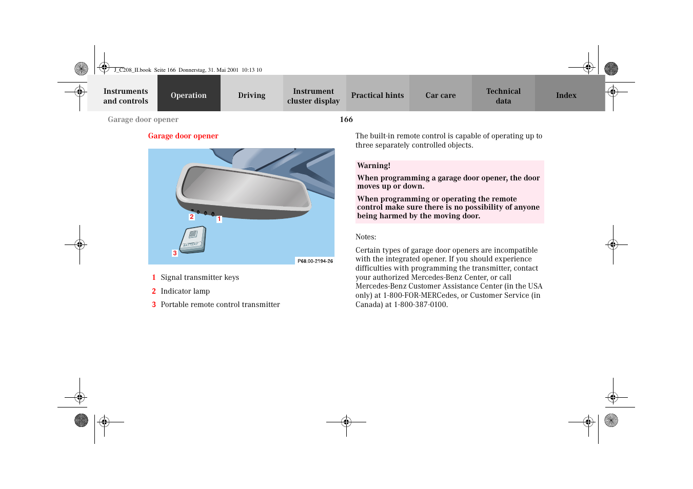 Garage door opener | Mercedes-Benz 2002 CLK 55 AMG User Manual | Page 169 / 330