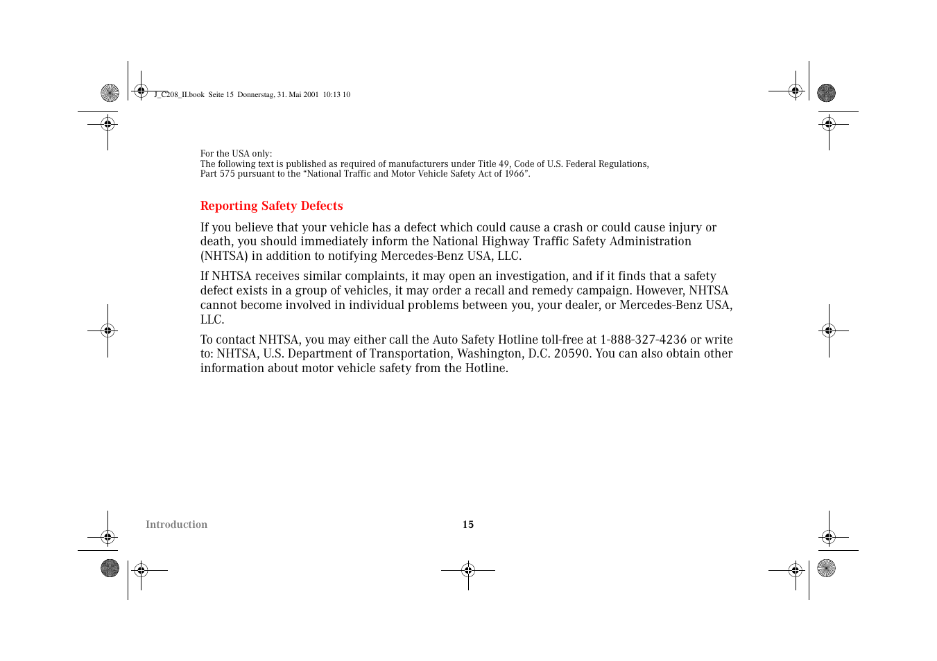 Reporting safety defects | Mercedes-Benz 2002 CLK 55 AMG User Manual | Page 18 / 330
