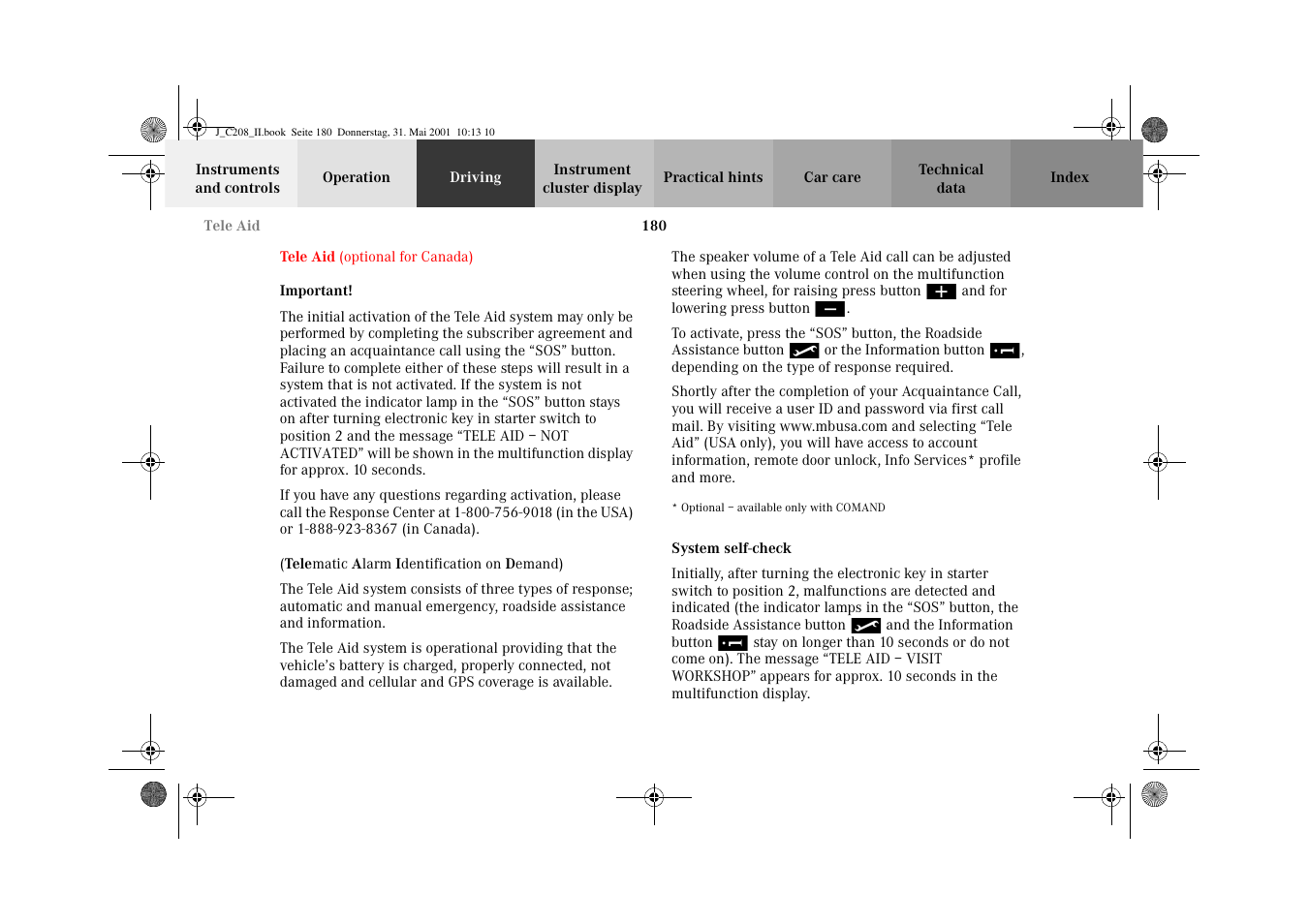 Tele aid, System self-check | Mercedes-Benz 2002 CLK 55 AMG User Manual | Page 183 / 330