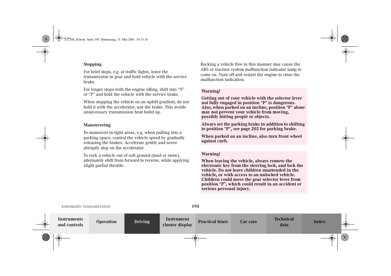 Stopping, Maneuvering | Mercedes-Benz 2002 CLK 55 AMG User Manual | Page 198 / 330