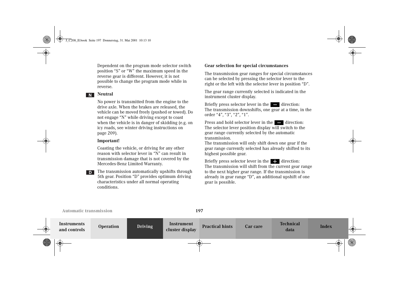 Gear selection for special circumstances | Mercedes-Benz 2002 CLK 55 AMG User Manual | Page 200 / 330