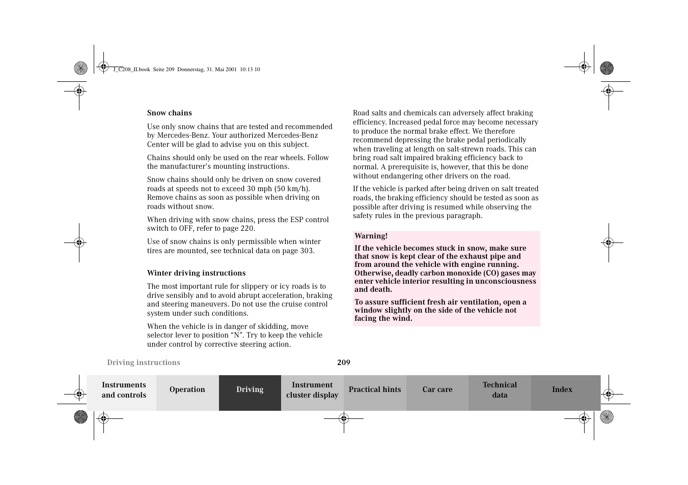 Snow chains, Winter driving instructions, Snow chains winter driving instructions | Mercedes-Benz 2002 CLK 55 AMG User Manual | Page 212 / 330