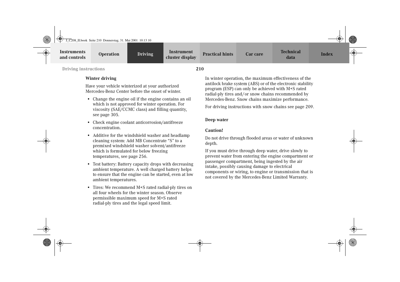 Winter driving, Deep water | Mercedes-Benz 2002 CLK 55 AMG User Manual | Page 213 / 330