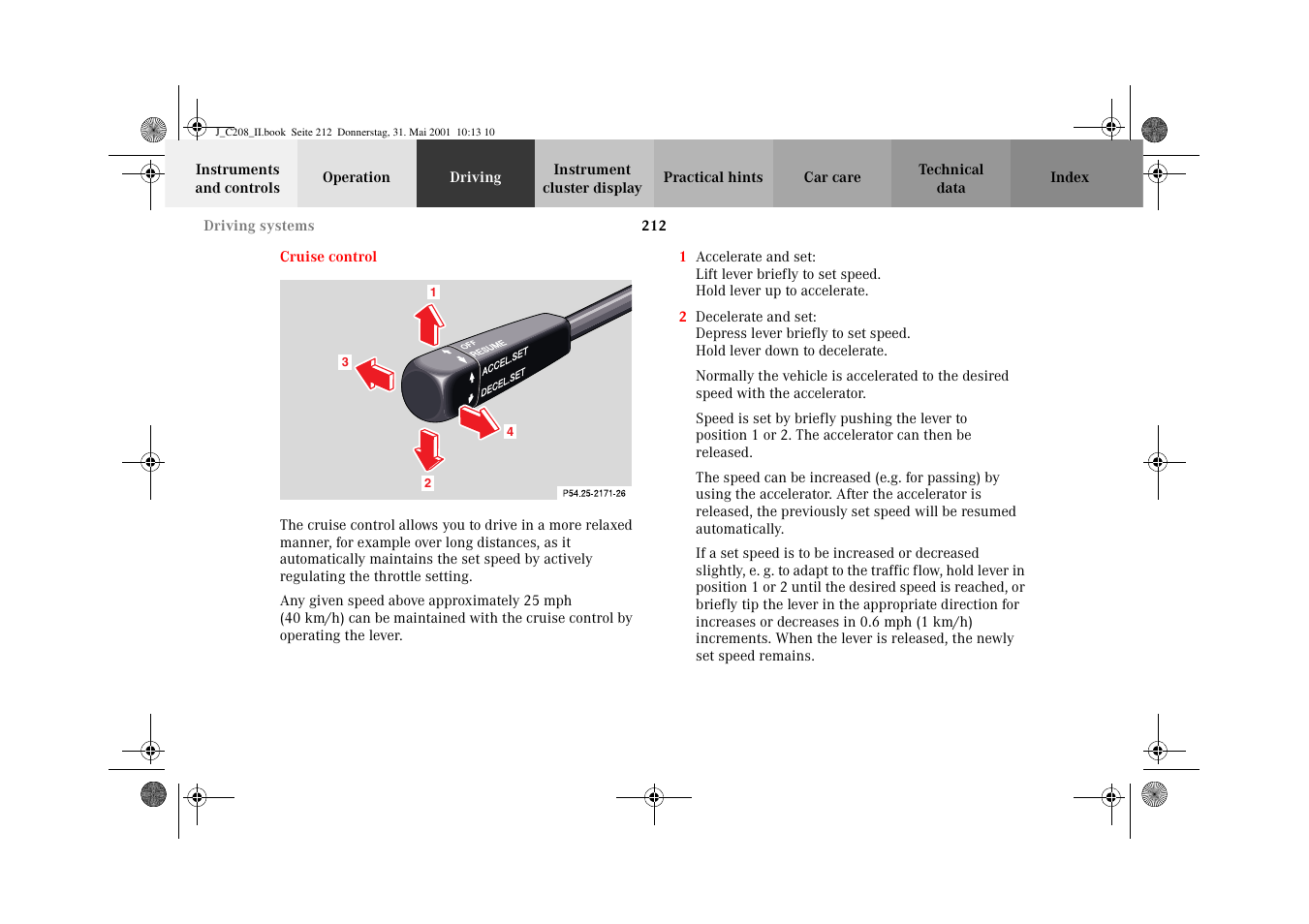 Cruise control | Mercedes-Benz 2002 CLK 55 AMG User Manual | Page 215 / 330