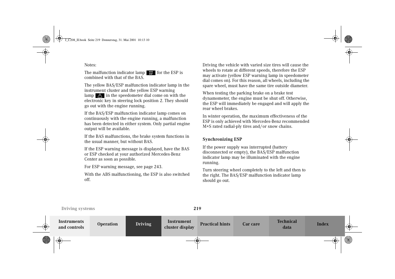 Esp (electronic stability program):synchronizing | Mercedes-Benz 2002 CLK 55 AMG User Manual | Page 222 / 330