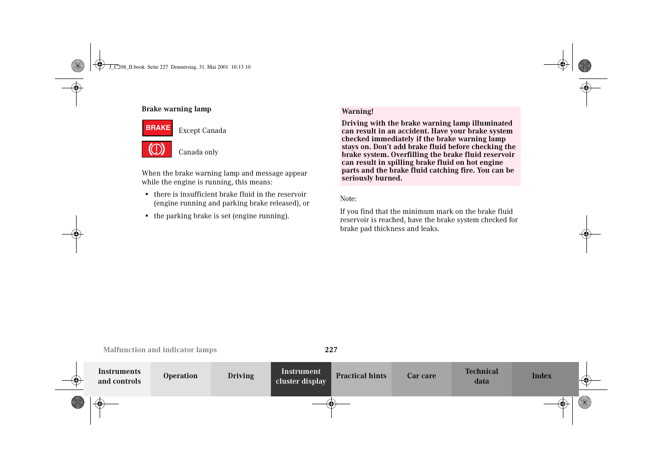 Brake warning lamp | Mercedes-Benz 2002 CLK 55 AMG User Manual | Page 230 / 330