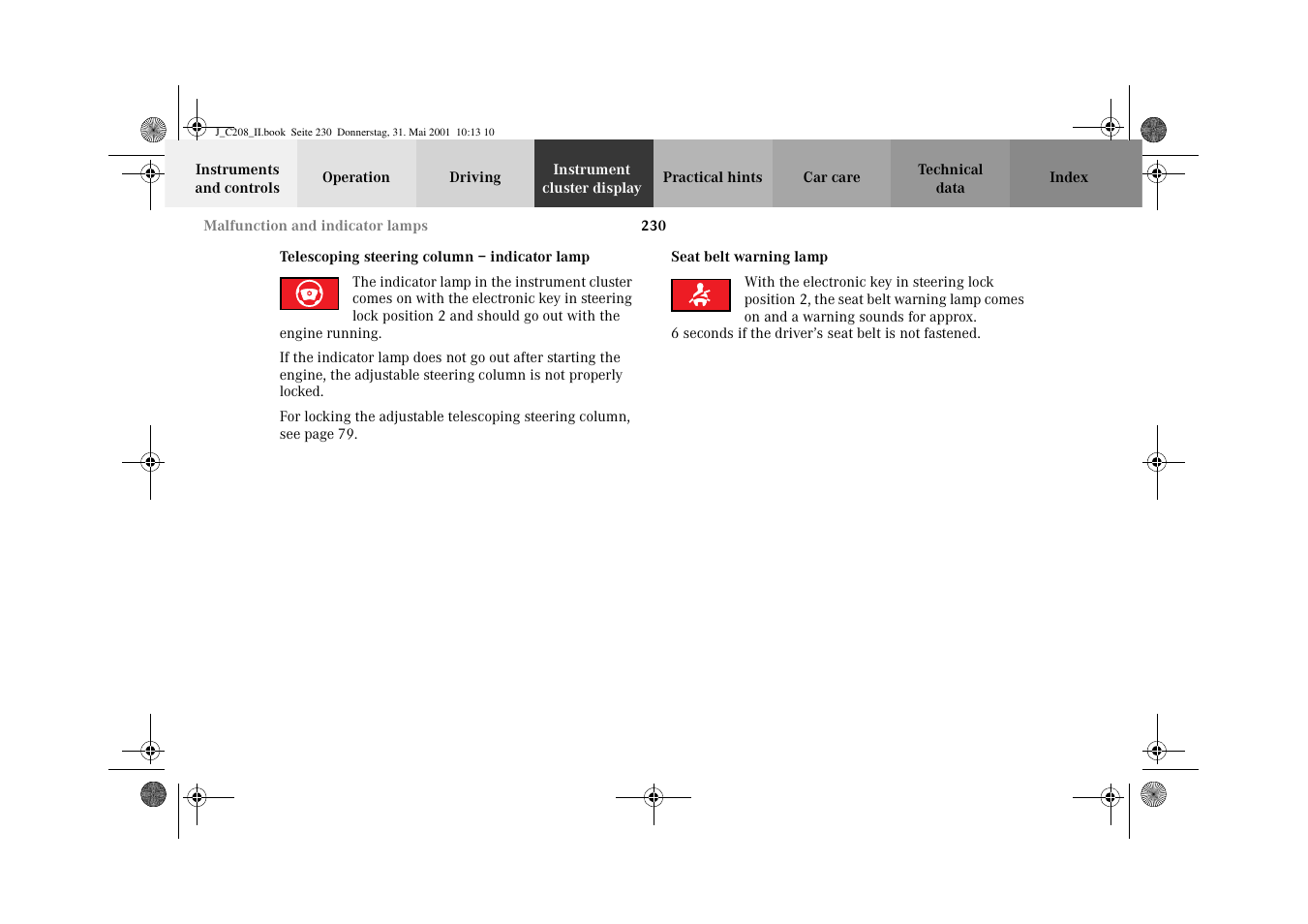 Telescoping steering column – indicator lamp, Seat belt warning lamp, Taillamp assemblies | Mercedes-Benz 2002 CLK 55 AMG User Manual | Page 233 / 330