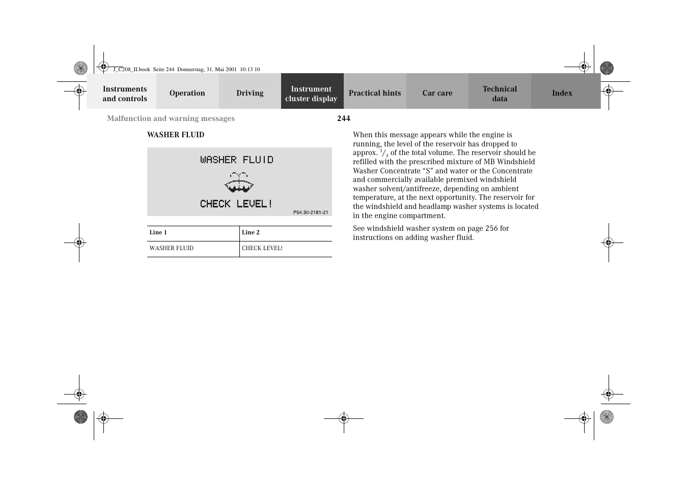 Washer fluid | Mercedes-Benz 2002 CLK 55 AMG User Manual | Page 247 / 330