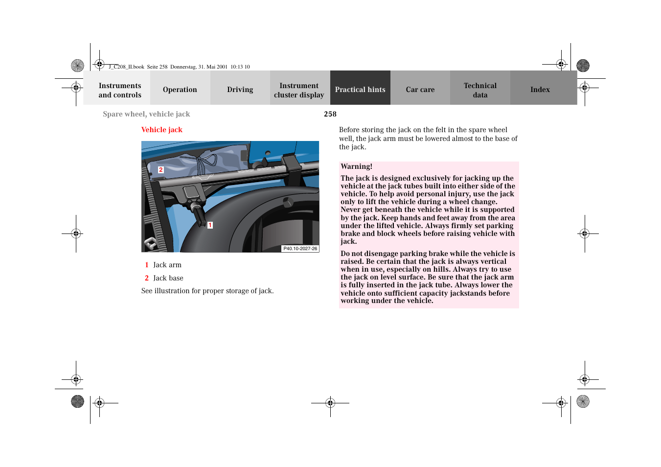 Vehicle jack | Mercedes-Benz 2002 CLK 55 AMG User Manual | Page 261 / 330