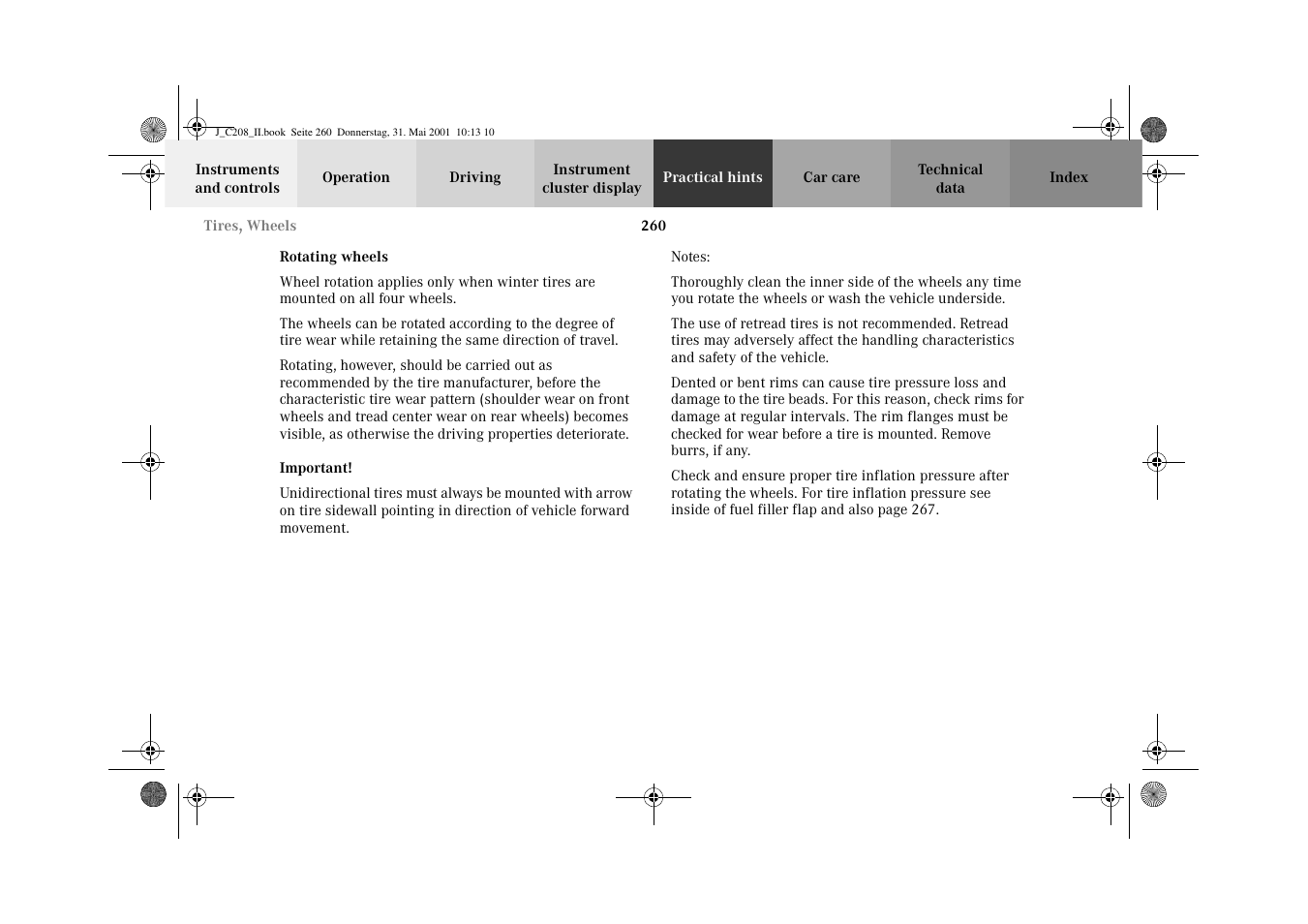 Tires:rotating wheels, Rotating wheels | Mercedes-Benz 2002 CLK 55 AMG User Manual | Page 263 / 330