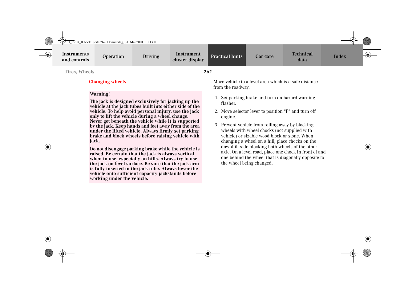 Changing wheels | Mercedes-Benz 2002 CLK 55 AMG User Manual | Page 265 / 330