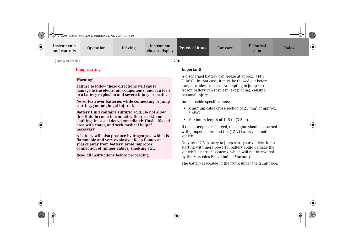 Jump starting | Mercedes-Benz 2002 CLK 55 AMG User Manual | Page 273 / 330