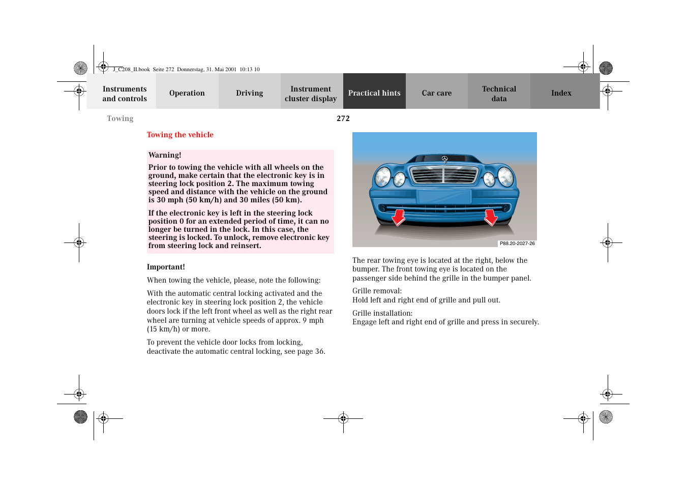 Towing the vehicle | Mercedes-Benz 2002 CLK 55 AMG User Manual | Page 275 / 330
