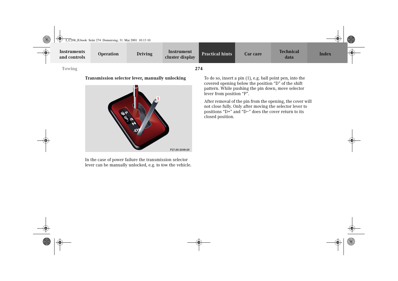 Transmission selector lever, manually unlocking | Mercedes-Benz 2002 CLK 55 AMG User Manual | Page 277 / 330