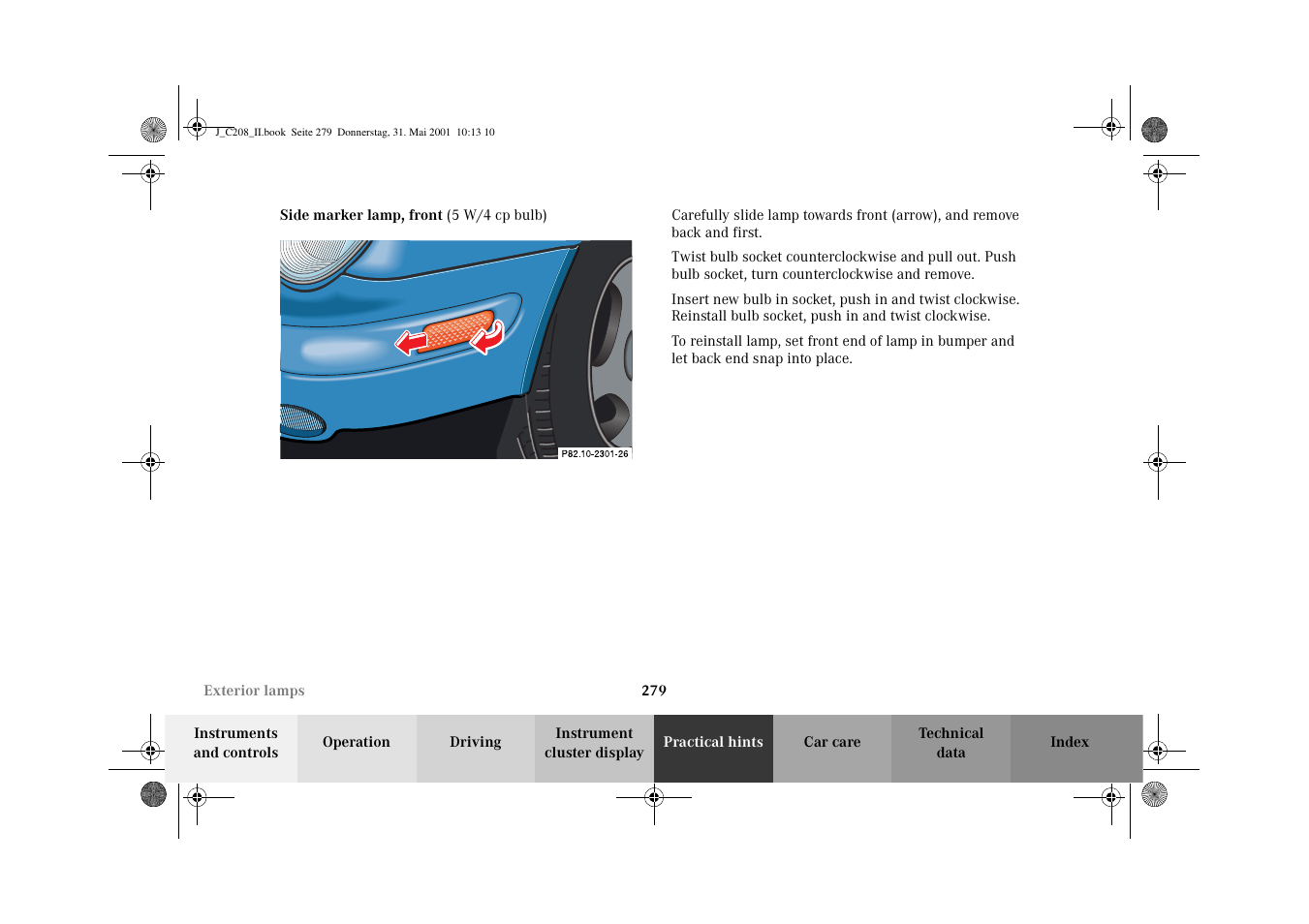 Exterior lamps:side marker lamp, front | Mercedes-Benz 2002 CLK 55 AMG User Manual | Page 282 / 330