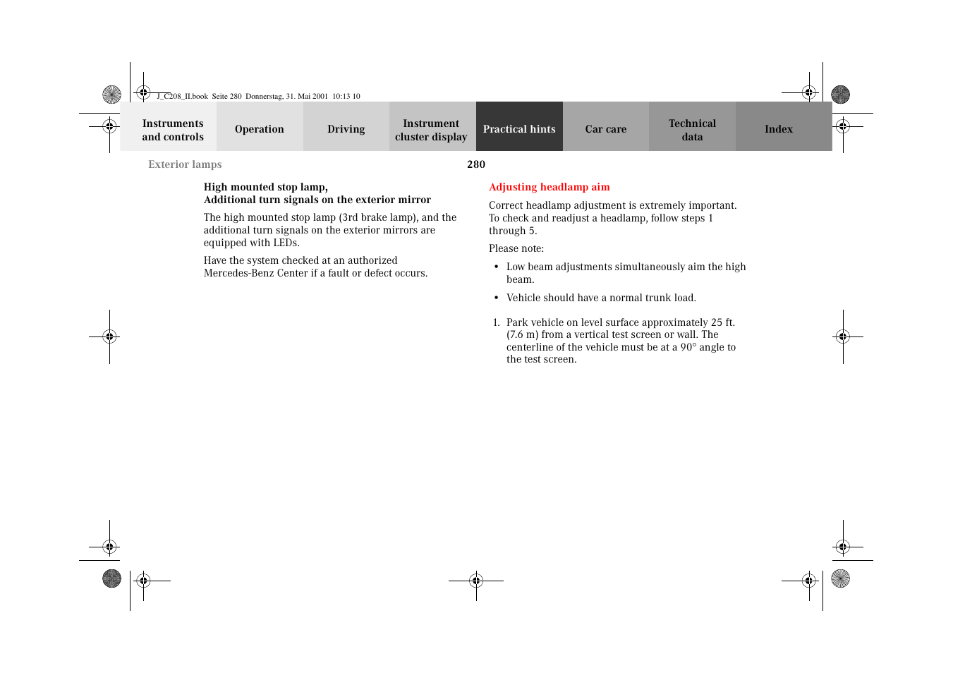 Adjusting headlamp aim | Mercedes-Benz 2002 CLK 55 AMG User Manual | Page 283 / 330