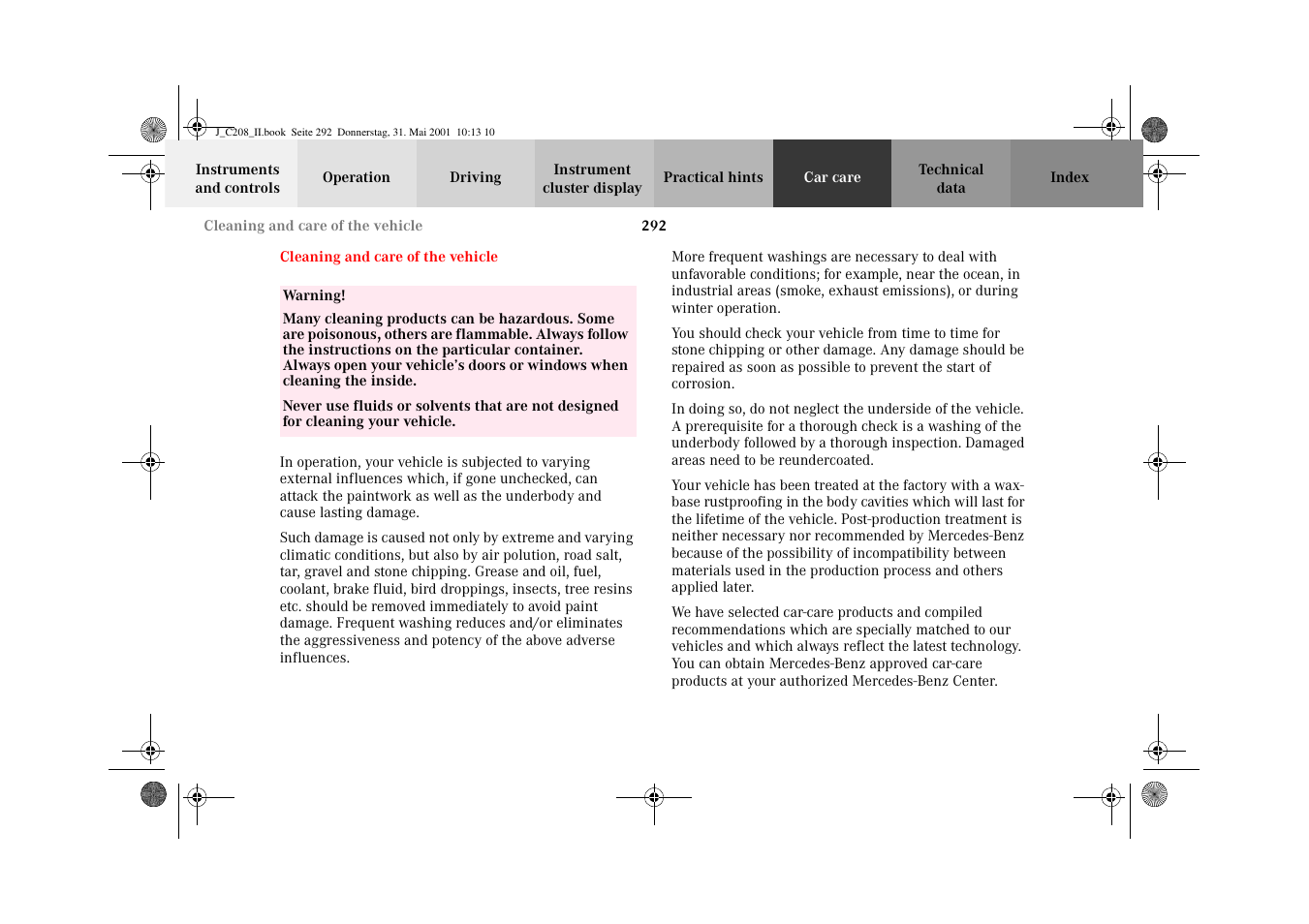 Vehicle care, Cleaning and care, Of the vehicle | Mercedes-Benz 2002 CLK 55 AMG User Manual | Page 295 / 330