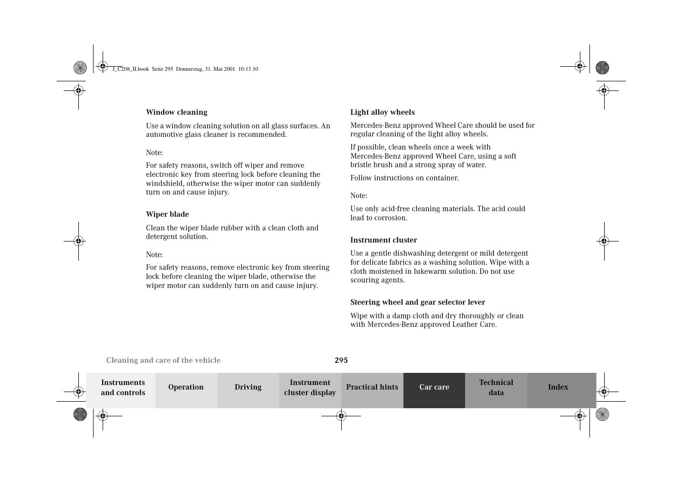 Window cleaning, Wiper blade, Wheels:light alloy wheels | Instrument cluster, Steering wheel and gear selector lever | Mercedes-Benz 2002 CLK 55 AMG User Manual | Page 298 / 330