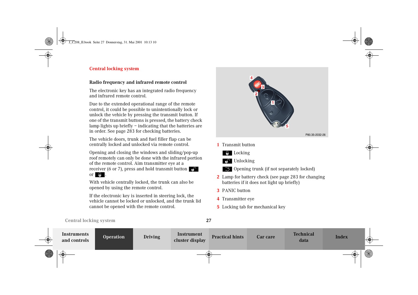 Central locking system, Radio frequency and infrared remote control | Mercedes-Benz 2002 CLK 55 AMG User Manual | Page 30 / 330