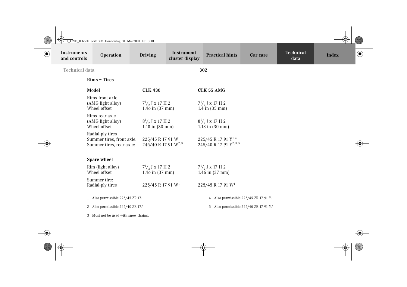 Technical data:rims and tires | Mercedes-Benz 2002 CLK 55 AMG User Manual | Page 305 / 330